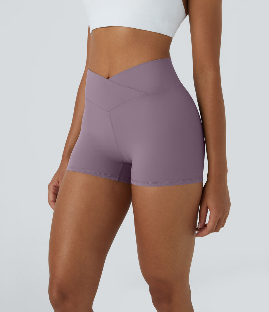 SoftlyZero™ High Waisted Crossover Plain Yoga Biker Shorts 3''-UPF50+ - Cinnabar Purple