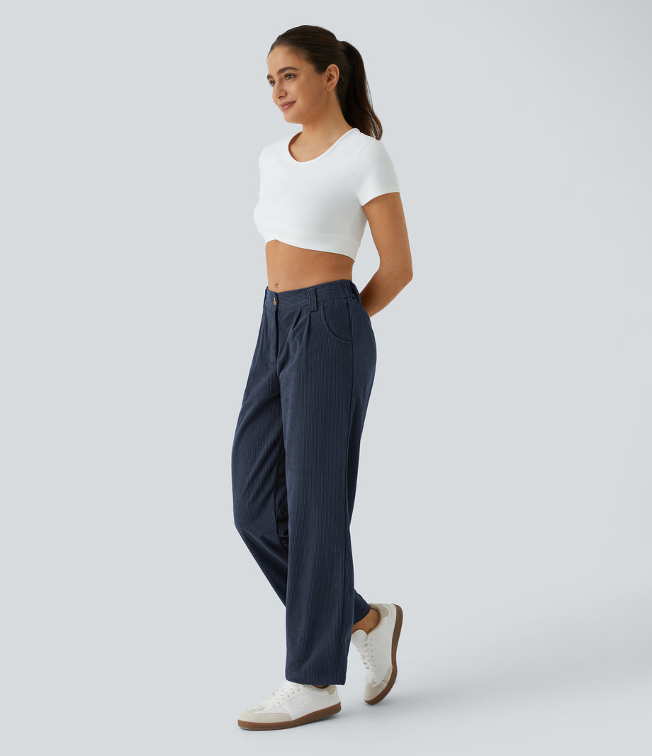 Mid Rise Zipper Pocket Corduroy Casual Pants - Foggy Blue