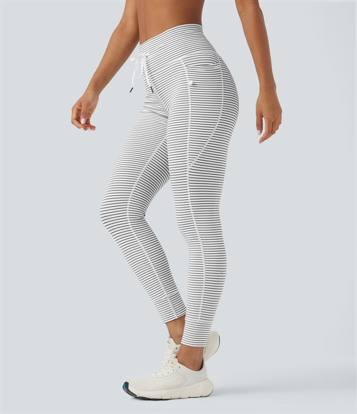 High Waisted Drawstring Striped Yoga Leggings with Pockets - Zebra Ripple