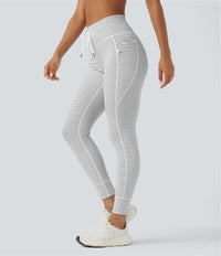 High Waisted Drawstring Striped Yoga Leggings with Pockets - Zebra Ripple