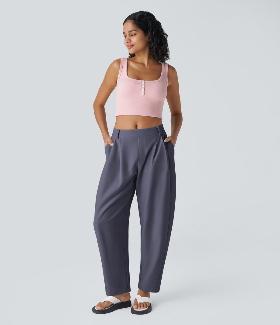 Mid Rise Pocket Barrel Leg Baggy Work Pants - Heron