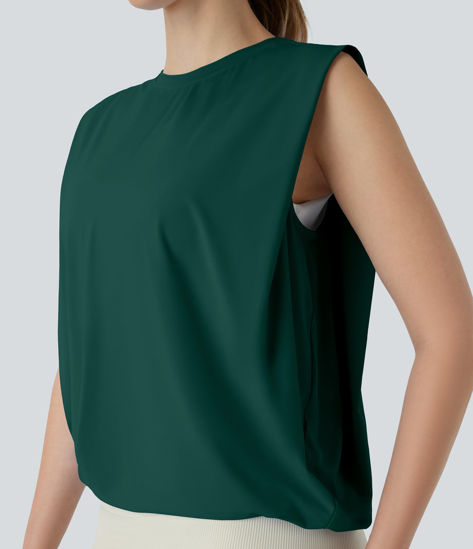 Round Neck Ruched Cool Touch Yoga Tank Top-UPF50+ - Rain Forest