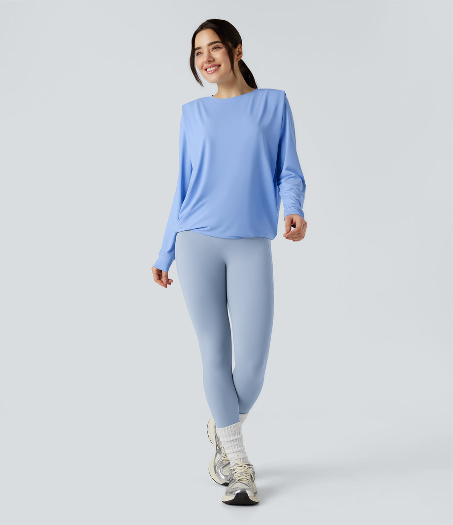 Round Neck Long Sleeve Ruched Yoga Sports Top-UPF50+ - Sky Blue