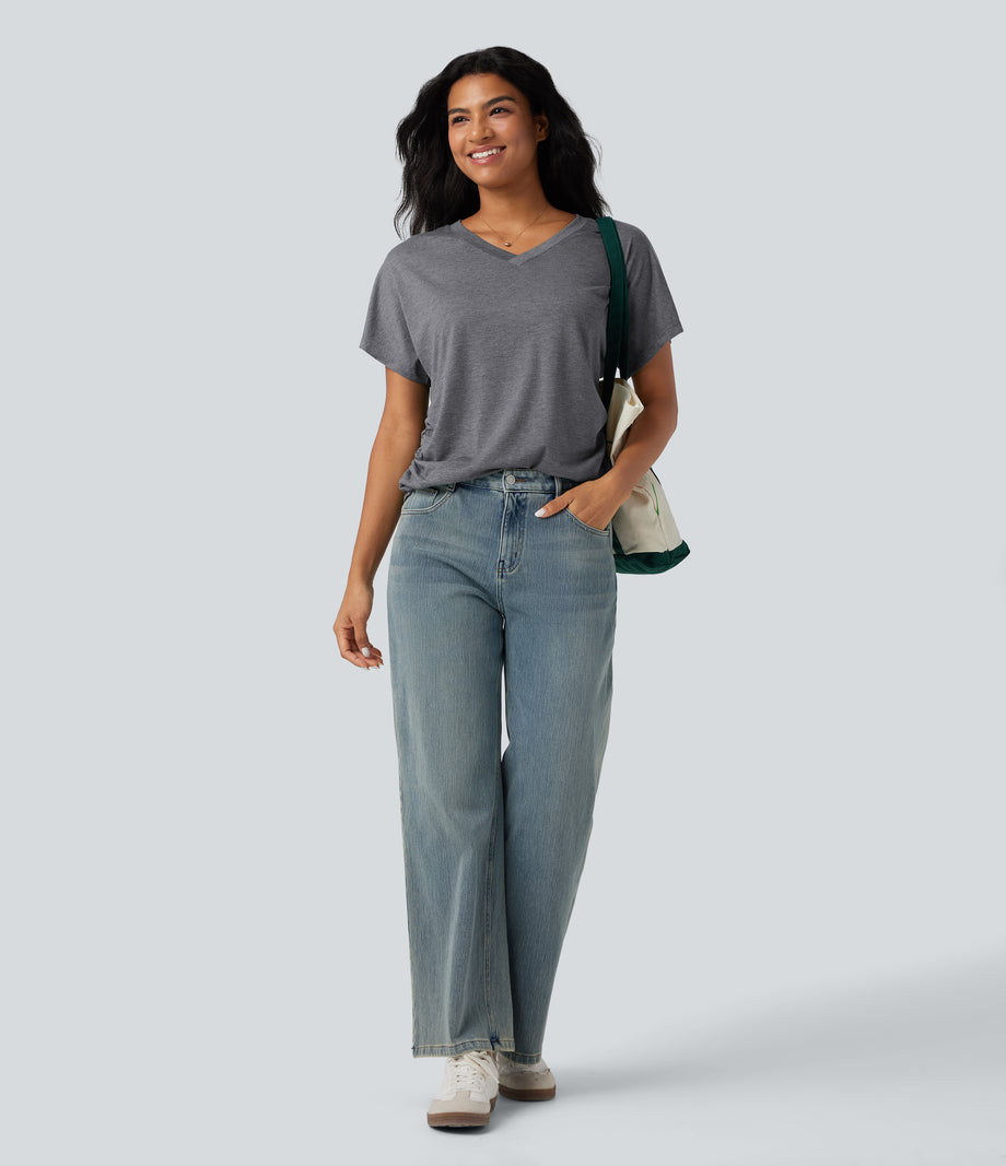 V-neck Short Sleeve Ruched Relaxed Casual Top - Darl Gray Floral Yarn