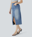 Halara Flex™ High Waisted Pockets Bodycon Washed Denim Casual Midi Skirt - Frost Blue Denim