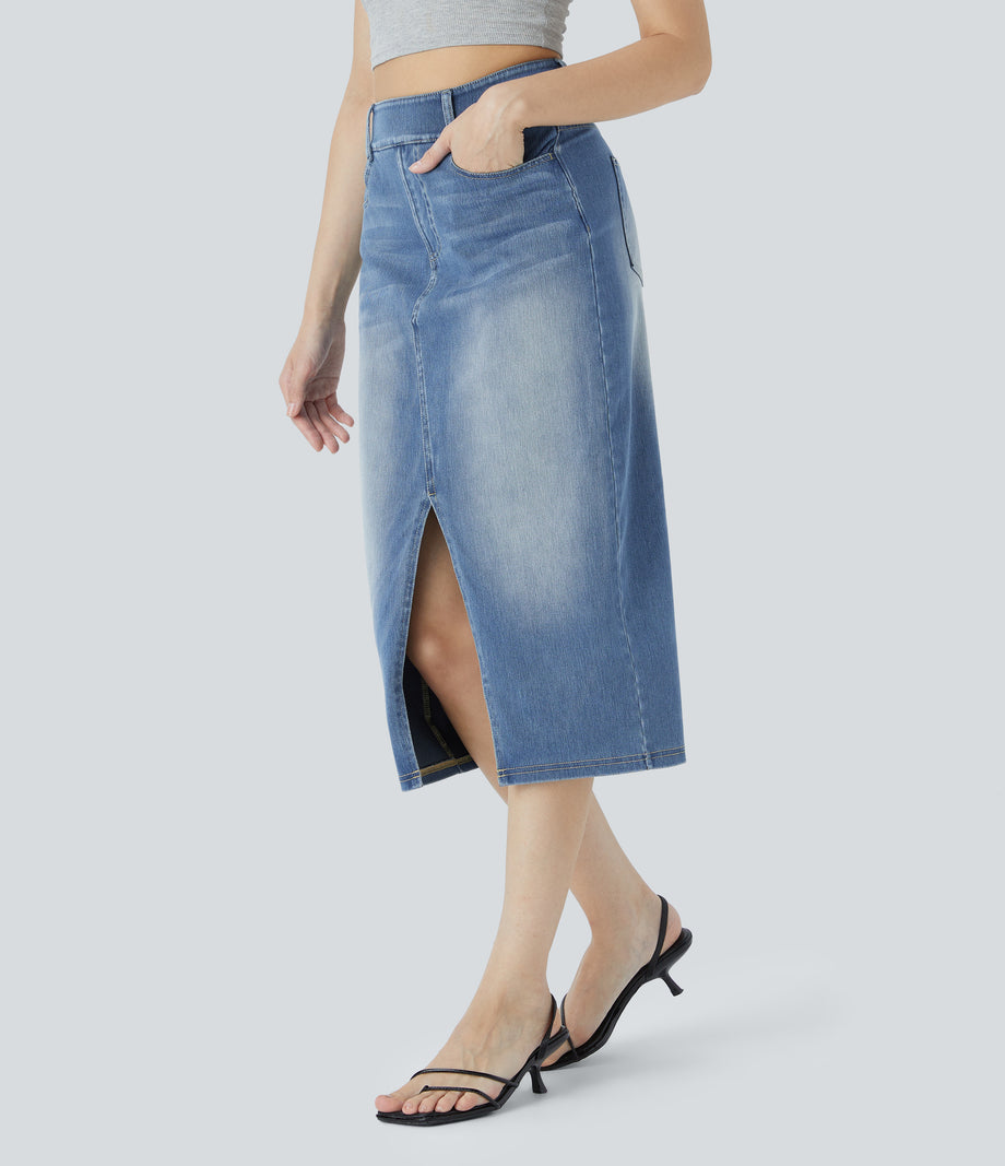 Halara Flex™ High Waisted Pockets Bodycon Washed Denim Casual Midi Skirt - Frost Blue Denim