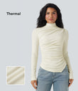 Mock-neck Long Sleeve Ruched Asymmetric Hem Thermal Casual Top - Lily White