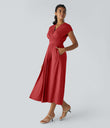 Breezeful™ V Neck Short Sleeve Pocket Tie Back Quick Dry Midi Casual Dress-Longer Length - Pompeian Red
