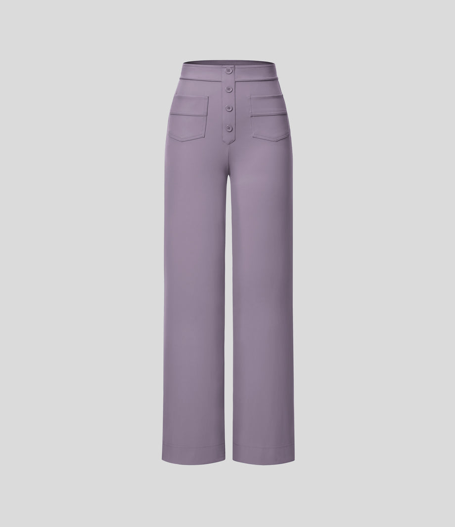 DayStretch High Waisted Pockets Straight Leg Casual Pants - Purple Ash