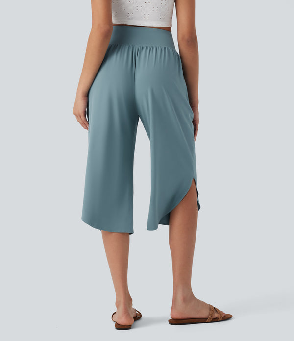 Breezeful™ High Waisted Tummy Control Hem Quick Dry Capri Pants with Pockets - Stone Blue