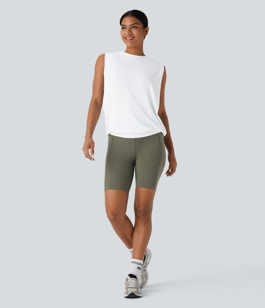 Round Neck Ruched Cool Touch Yoga Tank Top-UPF50+ - White
