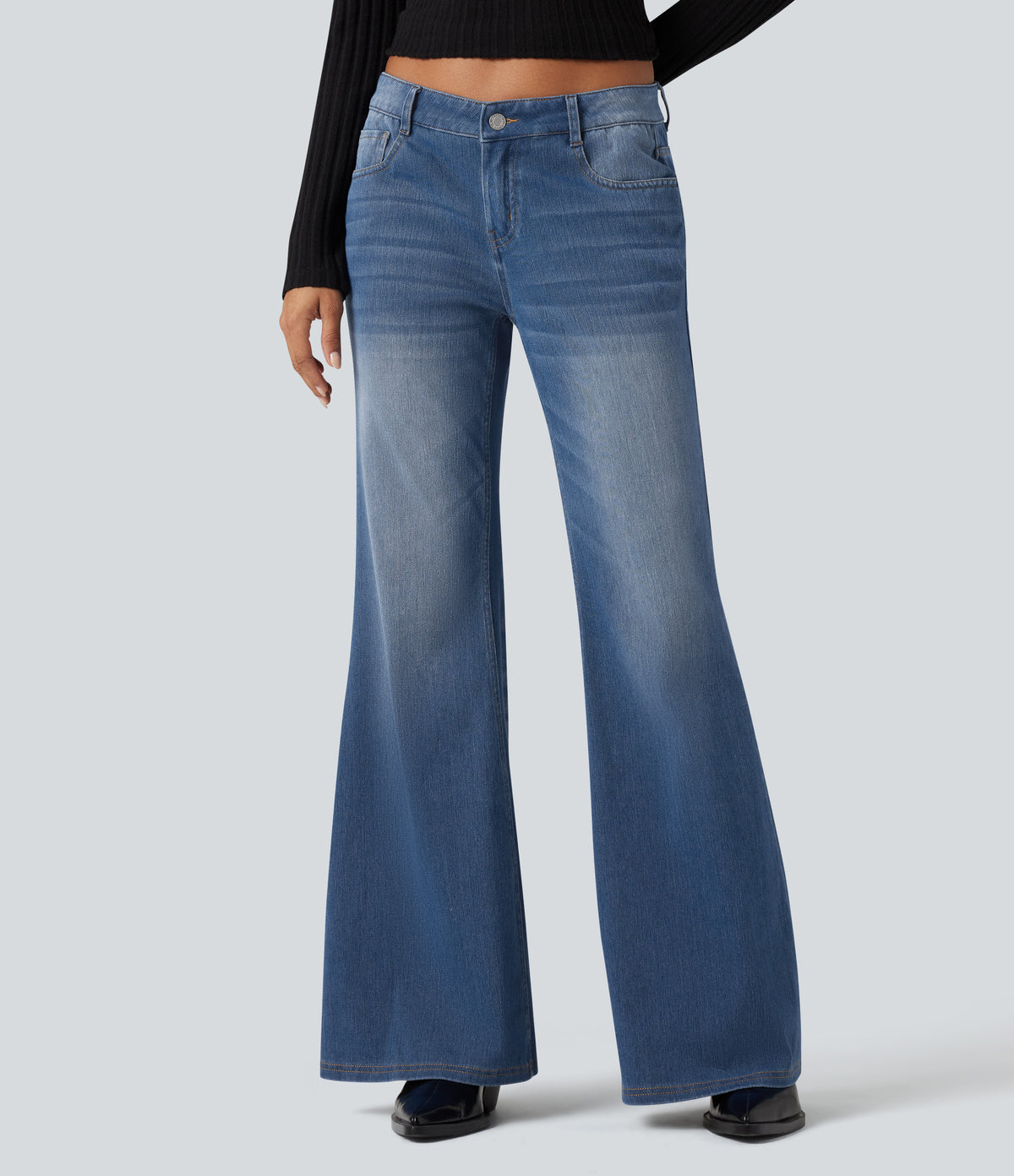 Halara Flex™ Low Rise Flare Washed Casual Jeans with Pockets - Tide Blue Denim