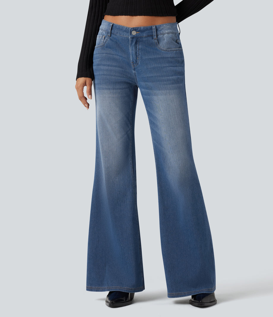 Halara Flex™ Low Rise Flare Washed Casual Jeans with Pockets - Tide Blue Denim