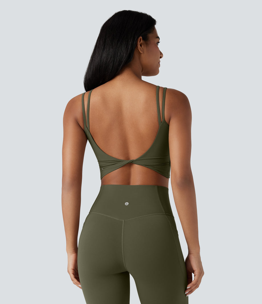 Halara UltraSculpt™ Double Straps Twisted Backless Cropped Yoga Tank Top - Grass Grey Green