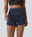 Halara Flex™ High Waisted Tummy Control Curved Hem Skinny Denim Casual Shorts with Pockets - Pageant Blue Denim