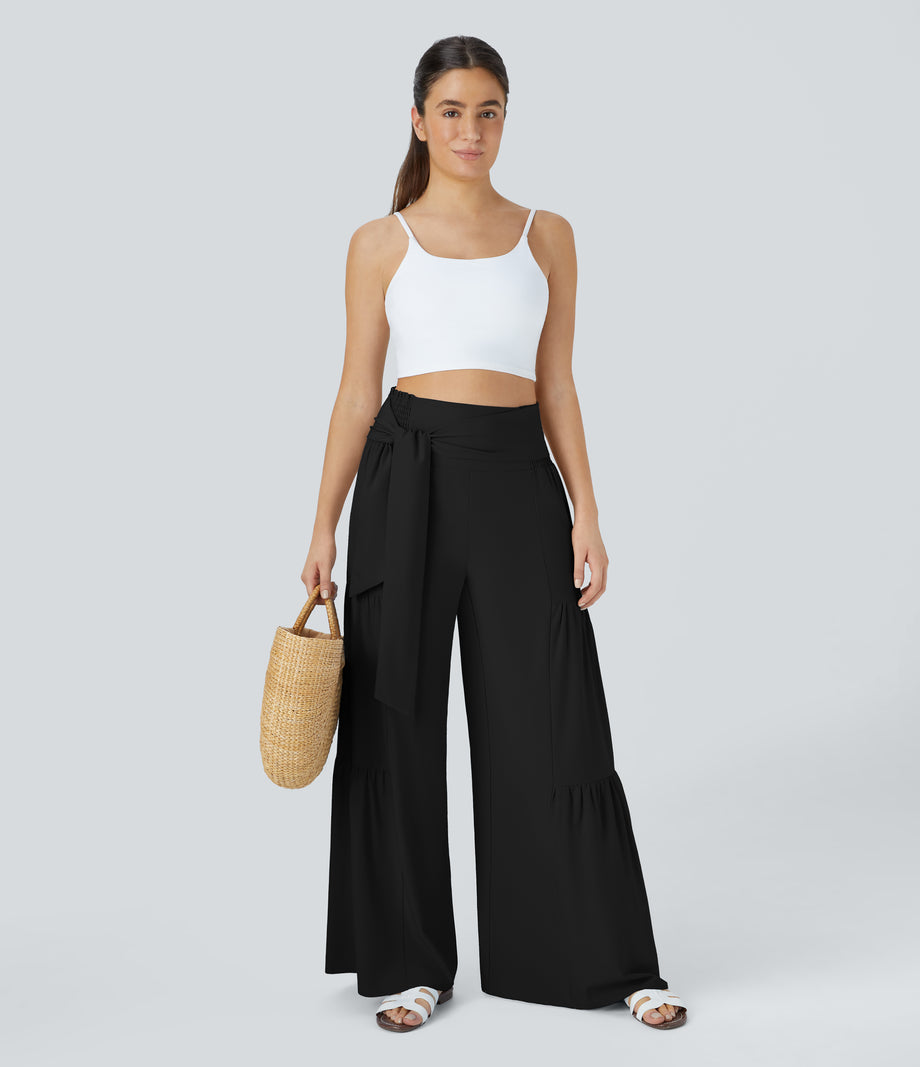 Breezeful™ High Waisted Shirred Tie Front & Back Wide Leg Flowy Quick Dry Casual Pants - Black