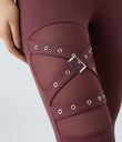DayStretch High Waisted Crossover Contrast Mesh Decorative Buckle Yoga Leggings - Red Mahogany