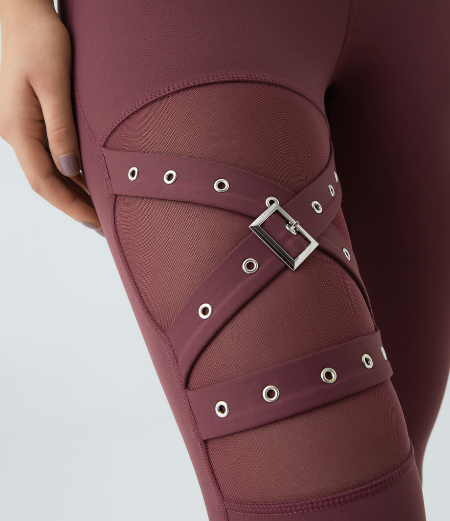 DayStretch High Waisted Crossover Contrast Mesh Decorative Buckle Yoga Leggings - Red Mahogany