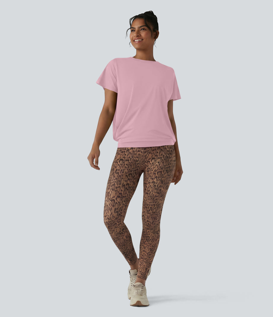 Round Neck Short Sleeve Ruched Cool Touch Yoga Sports Top-UPF50+ - Pink Nectar
