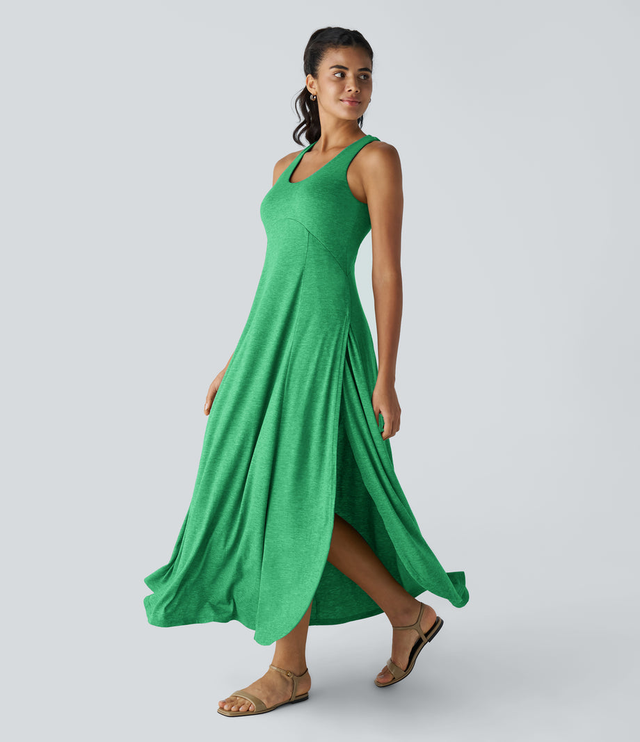 U Neck Flowy Maxi Casual Tank Dress - Dewleaf Green