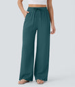 High Waisted Drawstring Pocket Wide Leg Baggy Casual Linen-Feel Pants - Atlantic Deep