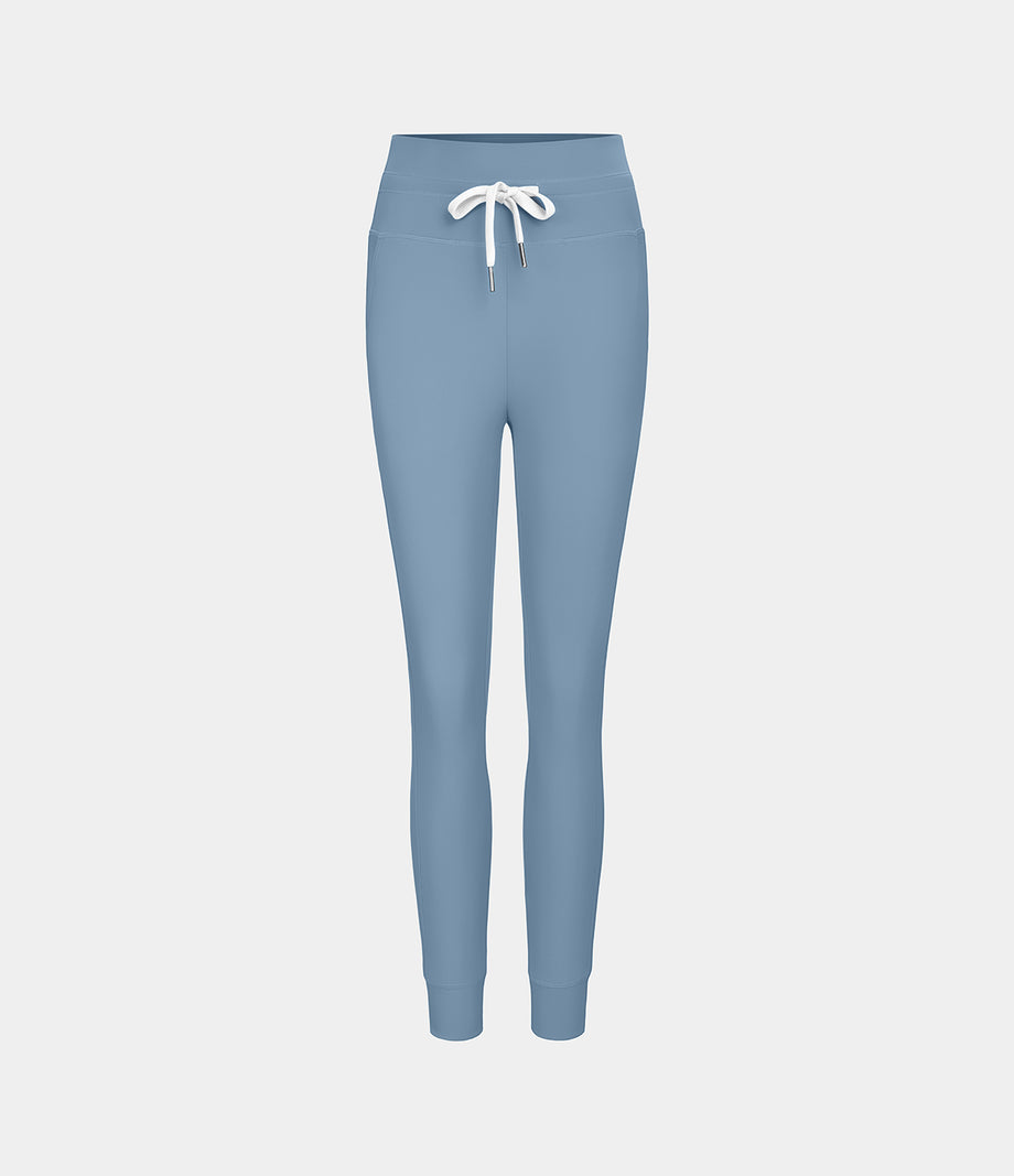 SoftlyZero™ Plush High Waisted Drawstring Pocket Plain Full Length Joggers - Grey Blue