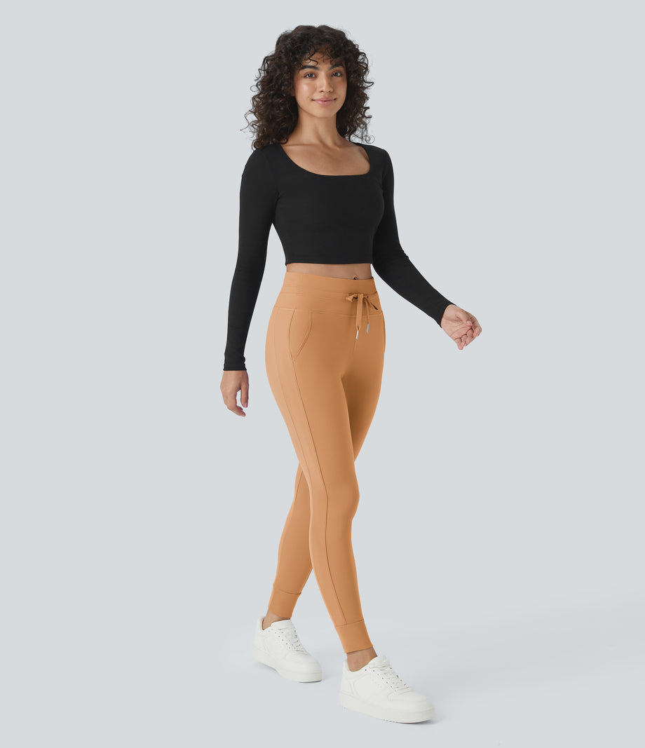 SoftlyZero™ Plush High Waisted Drawstring Pocket Plain Full Length Joggers - Butterum