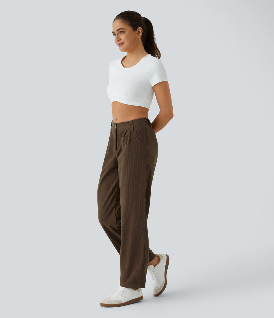 Mid Rise Zipper Pocket Corduroy Casual Pants - Demitasse