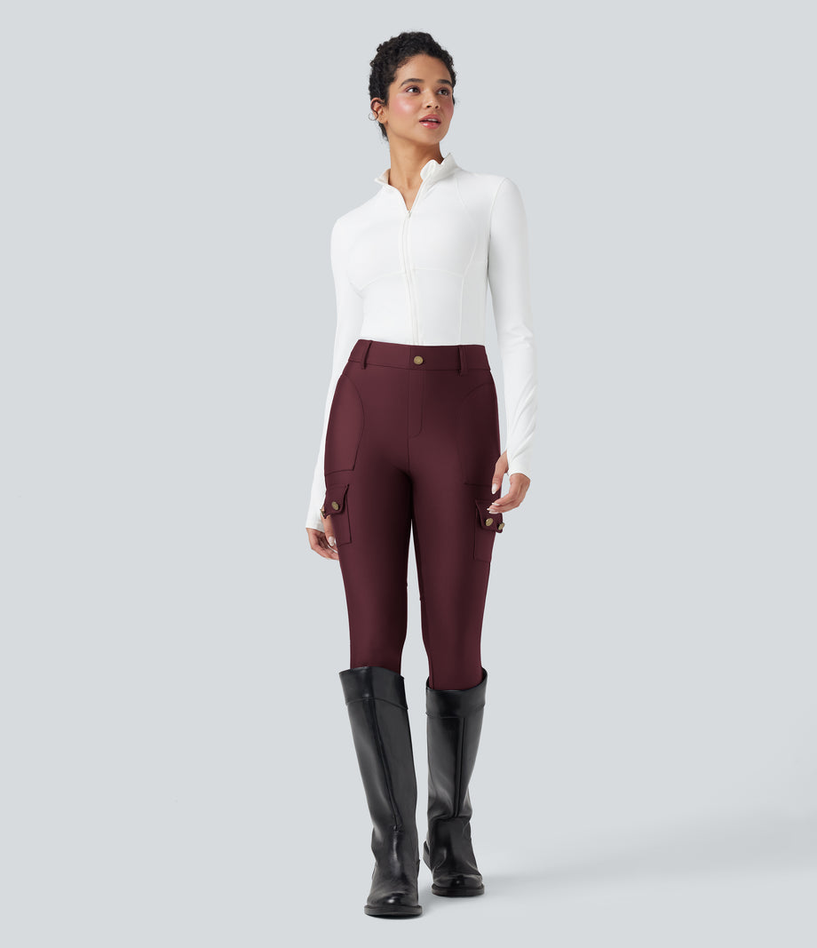 High Waisted Sheen 7/8 Leggings with Pockets - Evening Red