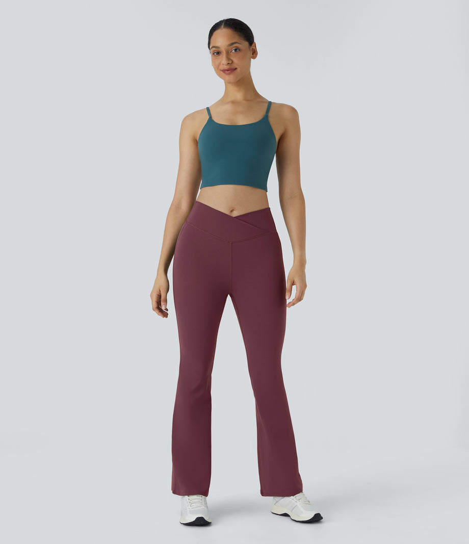 DayStretch High Waisted Crossover Flare Yoga Leggings - Red Mahogany