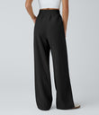 High Waisted Pocket Straight Leg Baggy Mop Corduroy Casual Pants - Black