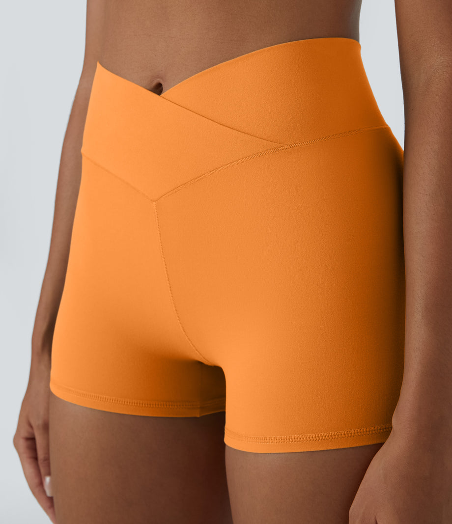 SoftlyZero™ High Waisted Crossover Plain Yoga Biker Shorts 3''-UPF50+ - Sunshine Orange