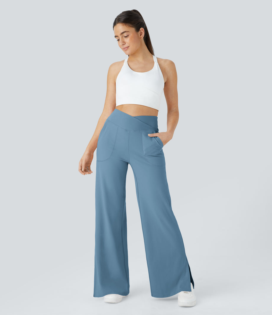 DayStretch Crossover Pocket Hem Wide Leg Yoga Pants-Smile - Light Azure