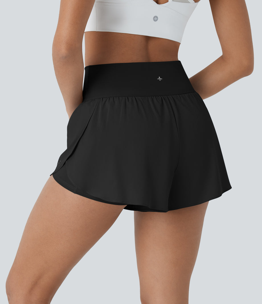 SoftlyZero™ QuickDry High Waisted Tummy Control Reflective Dots Crossover Hem 2-in-1 Running Shorts 3'' with Pockets - Black
