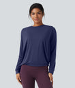 Round Neck Long Sleeve Ruched Yoga Sports Top-UPF50+ - Patriot Blue
