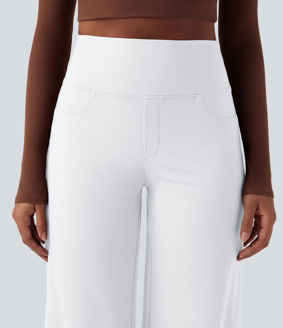 DayStretch High Waisted Tummy Control Wide Leg Baggy Yoga Pants with Pockets - White