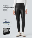 High Waisted Tummy Control Stretchy PU Fleece 7/8 Skinny Casual Leggings with Pockets - Black