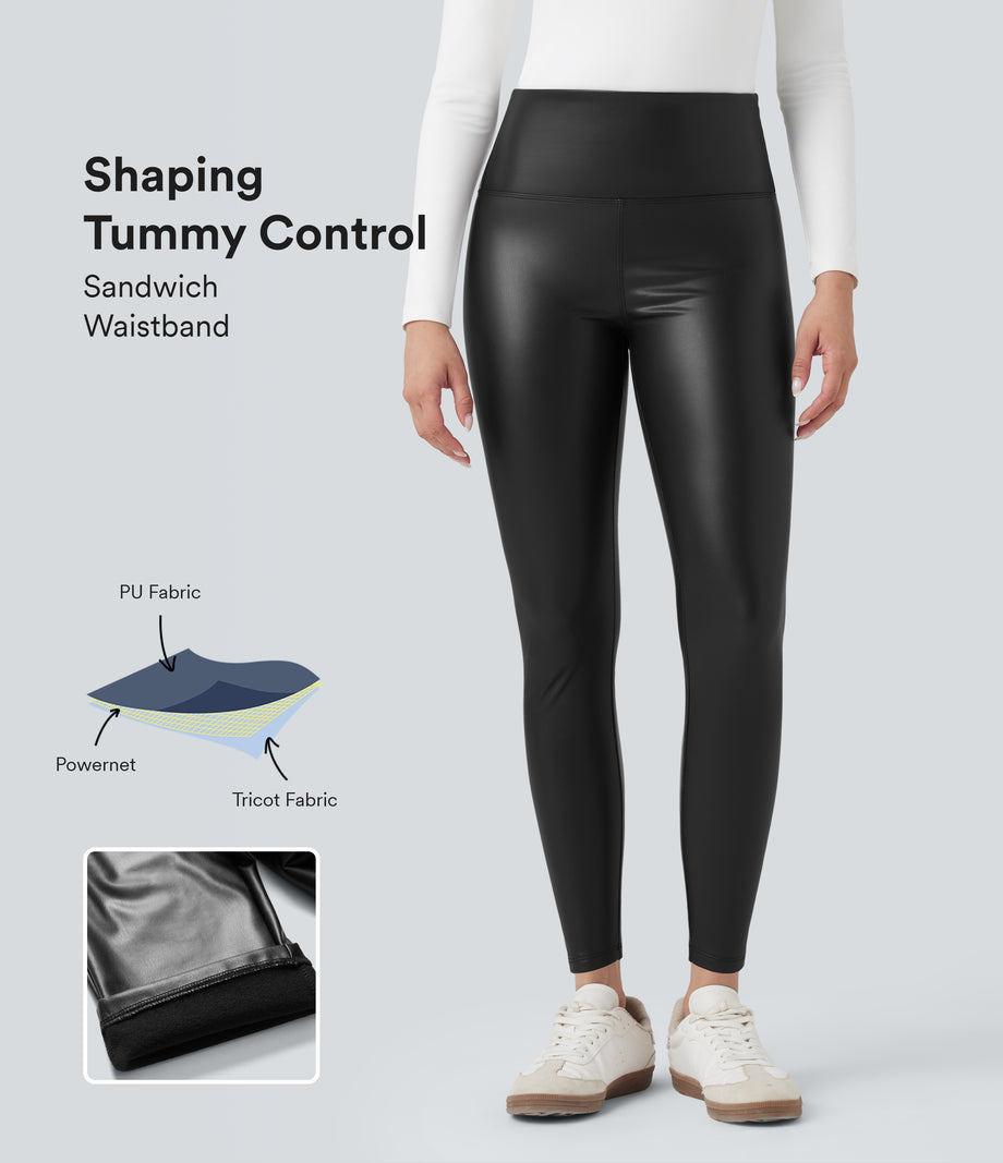 High Waisted Tummy Control Stretchy PU Fleece 7/8 Skinny Casual Leggings with Pockets - Black