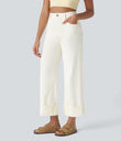 Halara Flex™ High Waisted Pockets Rolled Hem Wide Leg Washed Casual Jeans - Beige Denim