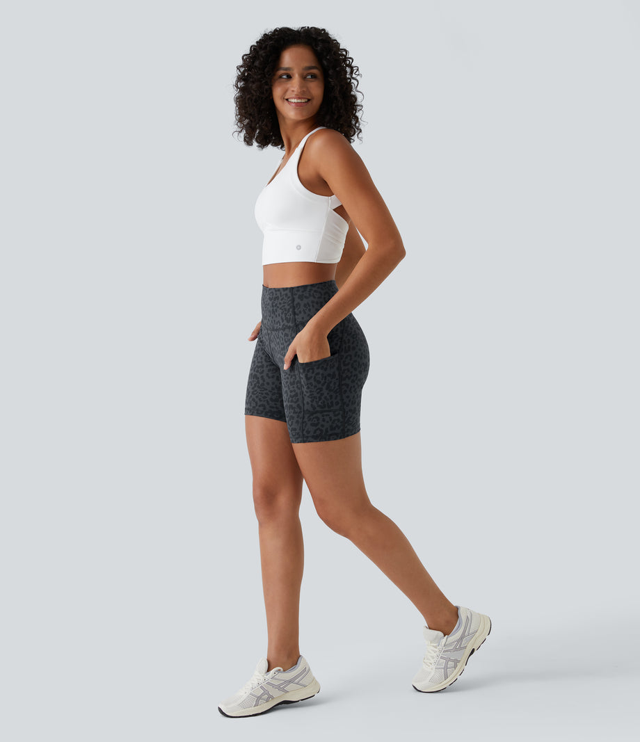 High Waisted Pocket Running Biker Shorts - Grey Blue