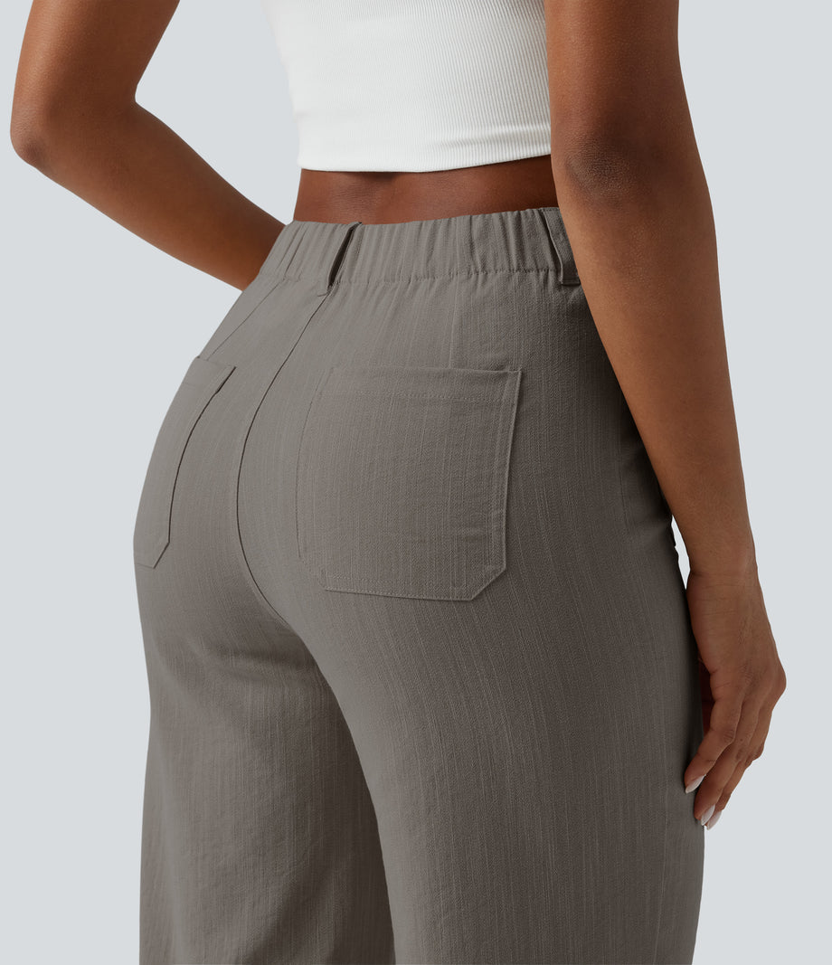 High Waisted Straight Leg Casual Linen-Feel Pants with Pockets - River Stone