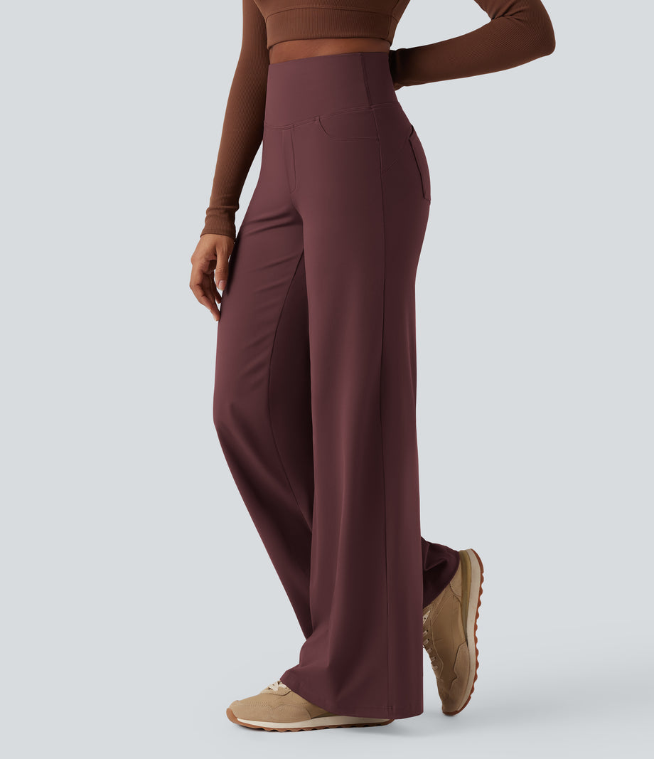 DayStretch High Waisted Tummy Control Wide Leg Baggy Yoga Pants with Pockets - Red Mahogany