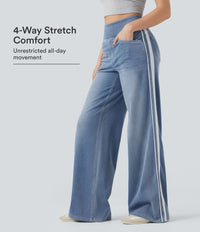 Halara Flex™ High Waisted Stripe Wide Leg Flowy Washed Casual Jeans with Pockets - Powder Blue Denim