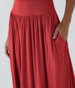 Ribbed Boat Neck Asymmetric Strap Ruched Pocket Flowy Maxi Casual Dress - Rubicondo