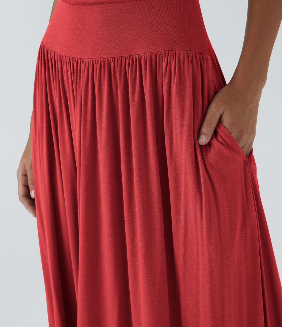 Ribbed Boat Neck Asymmetric Strap Ruched Pocket Flowy Maxi Casual Dress - Rubicondo