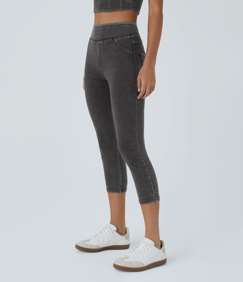 Halara Flex™ High Waisted Pocket Denim Capri Casual Leggings - Hemp Rope Black Denim