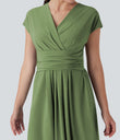 Breezeful™ V Neck Short Sleeve Pocket Tie Back Quick Dry Midi Casual Dress - Hot Wasabi - Green