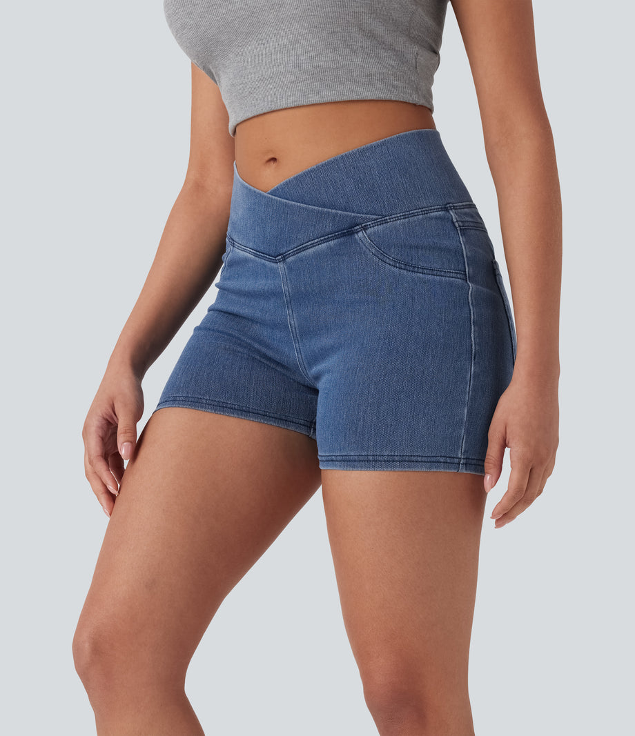 Halara Flex™ High Waisted Crossover Pocket Denim Casual Shorts 3" - Washed Denim Bleached Blue