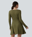 Ribbed Knit V Neck Long Sleeve Flare Mini Casual Dress with Pockets - Moss Green Floral Velvet