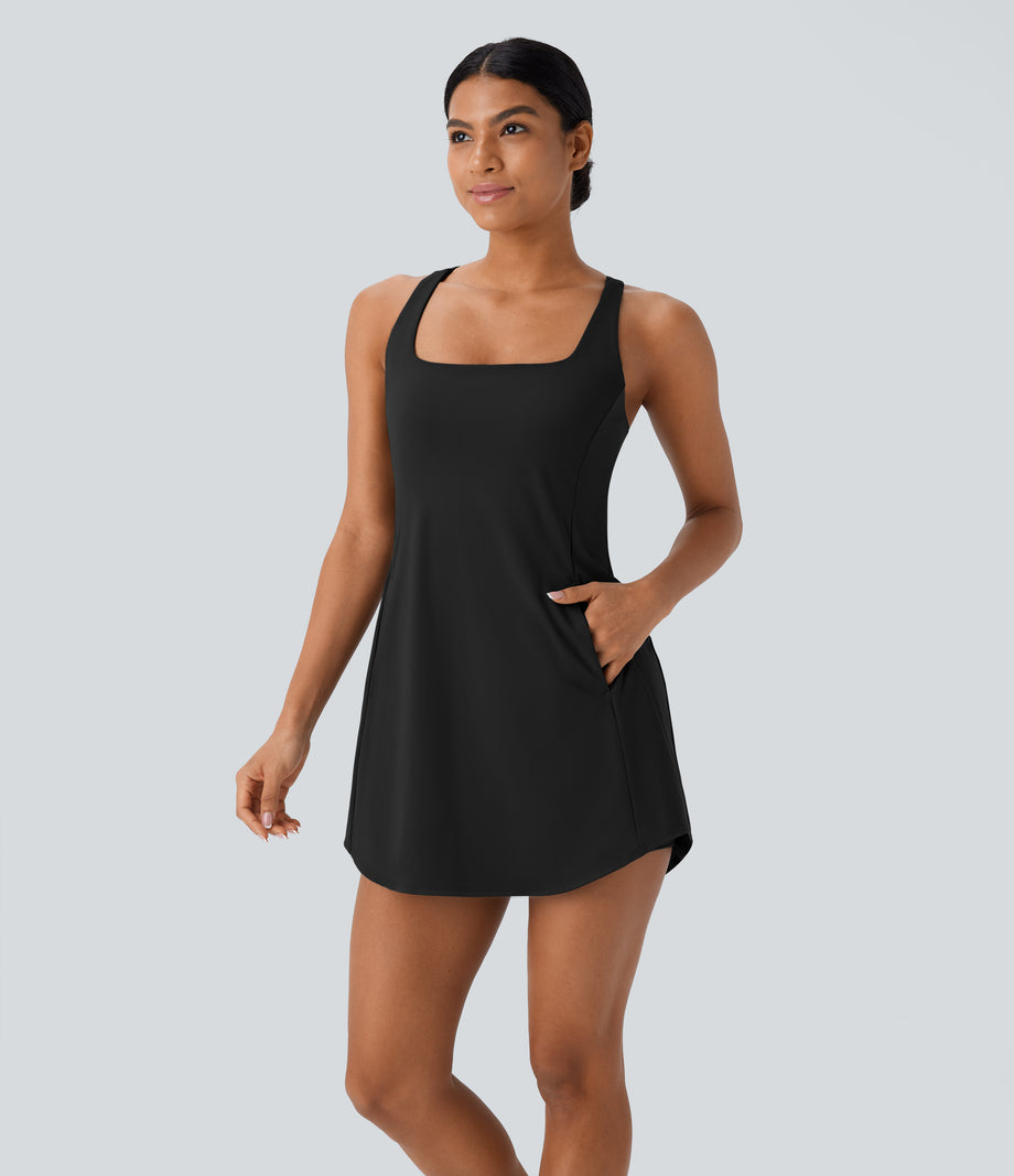 SoftlyZero™ Plush Cut Out Pocket 2-Piece Mini Yoga Active Dress - Black